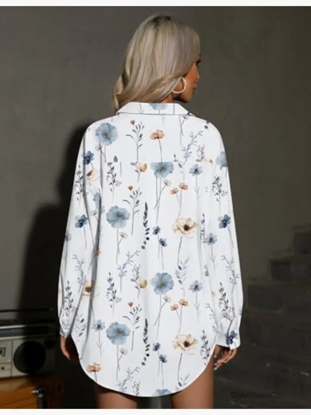 Oversized Drop Shoulder Button Down Shirt with Pockets Long Sleeve Blouse - Picture 2 of 7